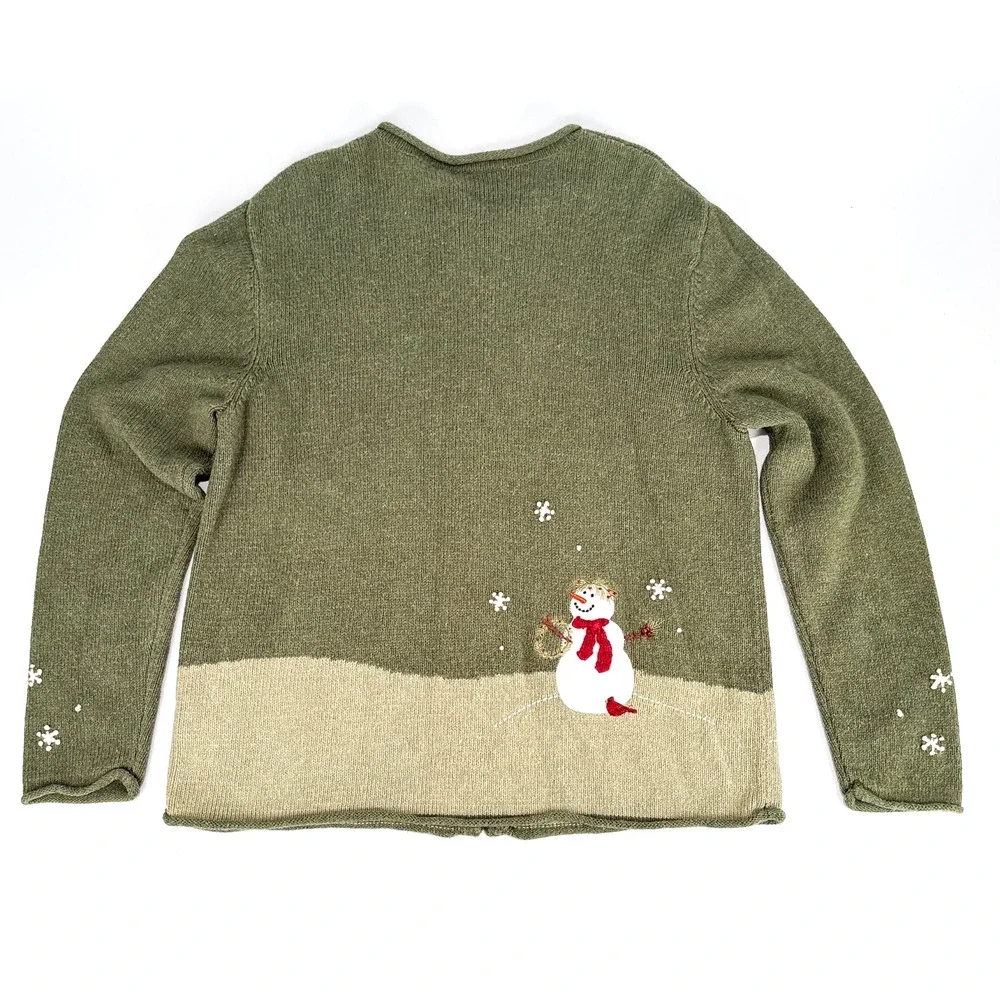 Croft & Barrow Christmas Cardigan Snowman Sweater Green MED Full Zip Grannycore